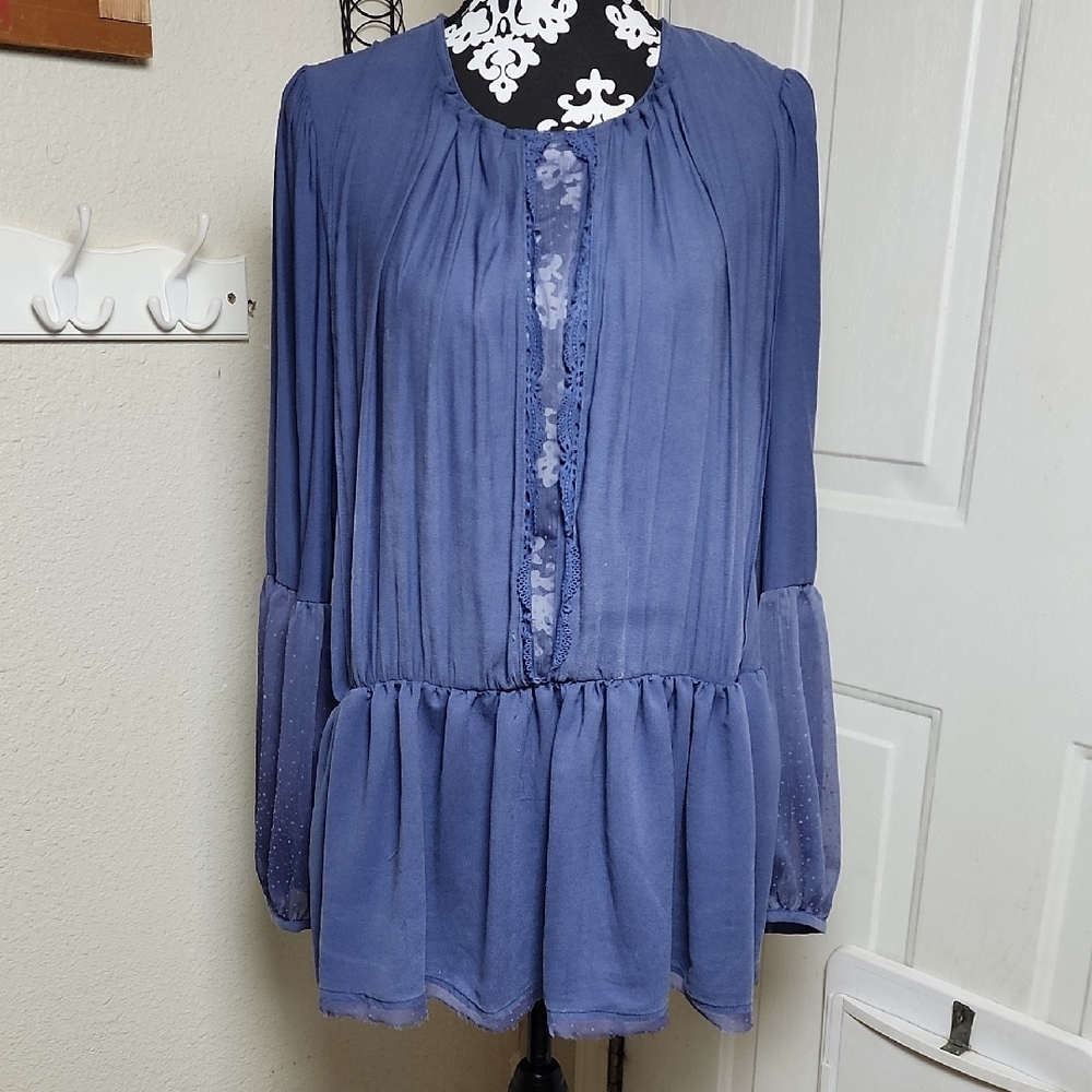 Free People Soul Serene Dusty Blue Boho Blouse Sheer Sleeves Open Back M